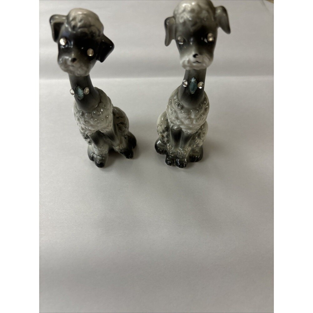 Vintage Japan Enesco Gray & White French Poodle Dog Salt Pepper Set Rhinestones